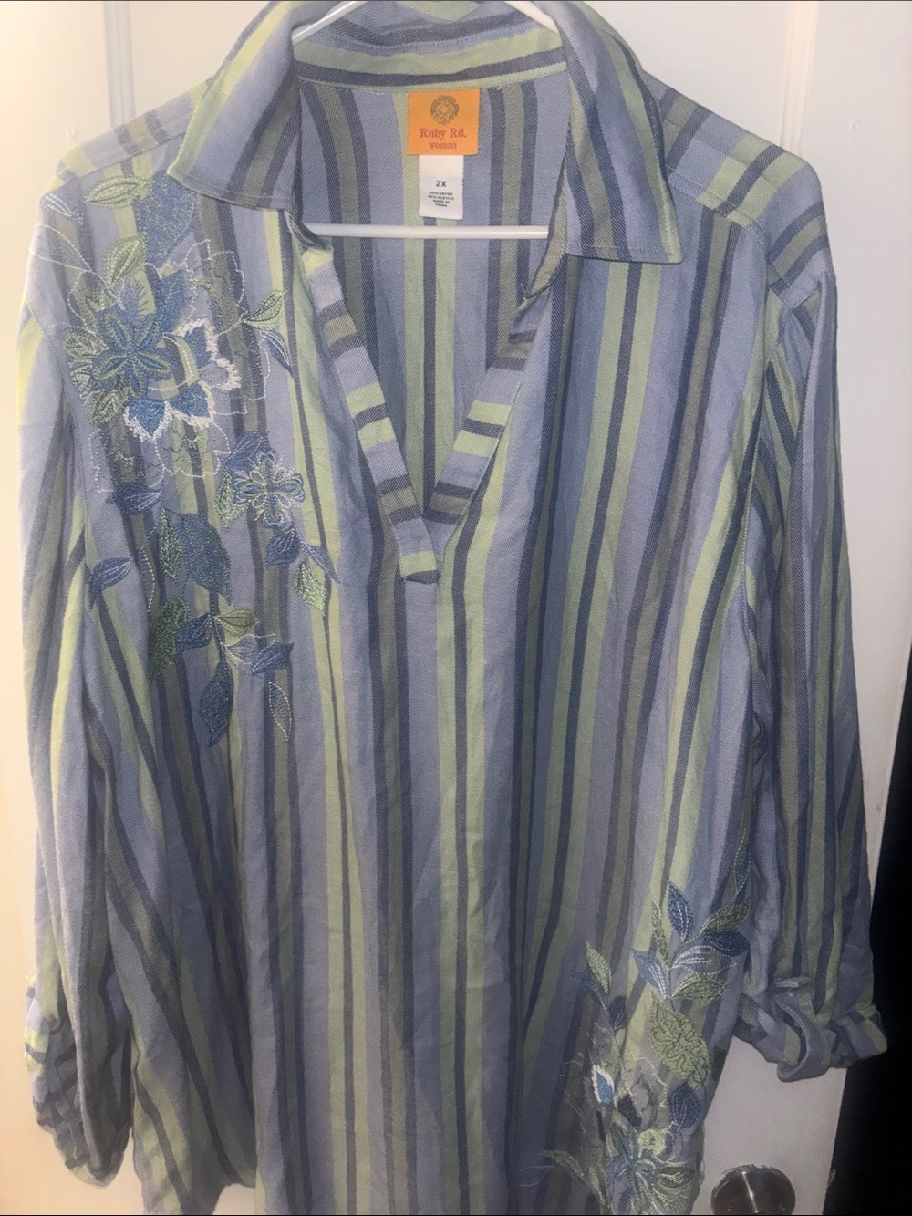 Ruby Rd. Blue, Green & Gray Striped Long Sleeve Top with Floral Embroidery